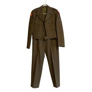 Vintage US Army 40s Olive Drab Green Uniform Jacket Button Fly Wide Leg Pants 38